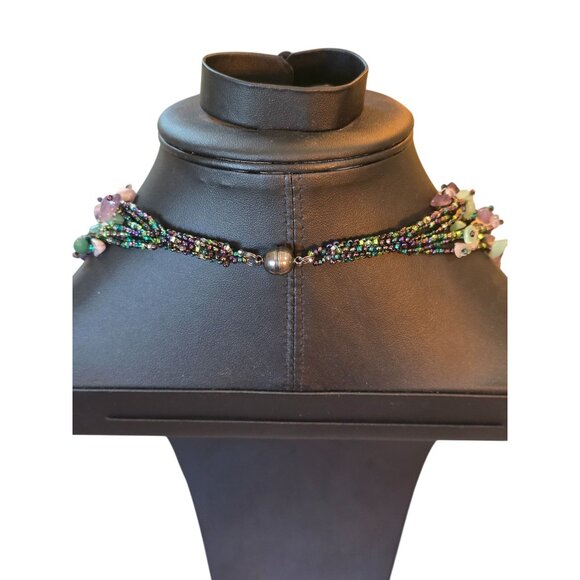 Fluorite & Amethyst Gemstone Multistrand Beaded Necklace w/ Magnetic Clasp - Picture 11 of 12